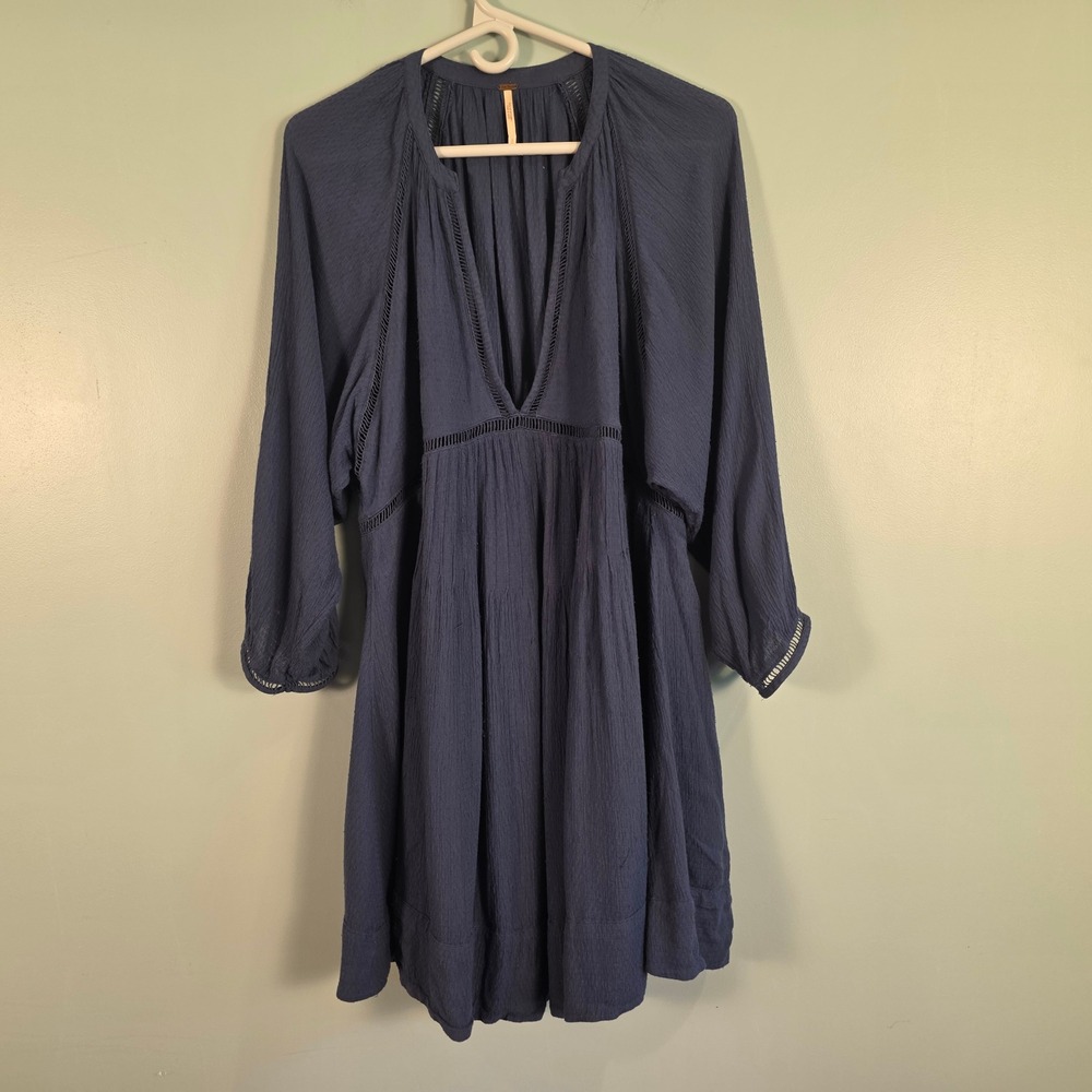 Free People Navy Blue Gauze Mini Dress Crochet Trim Boho OB568641 Womens Small
